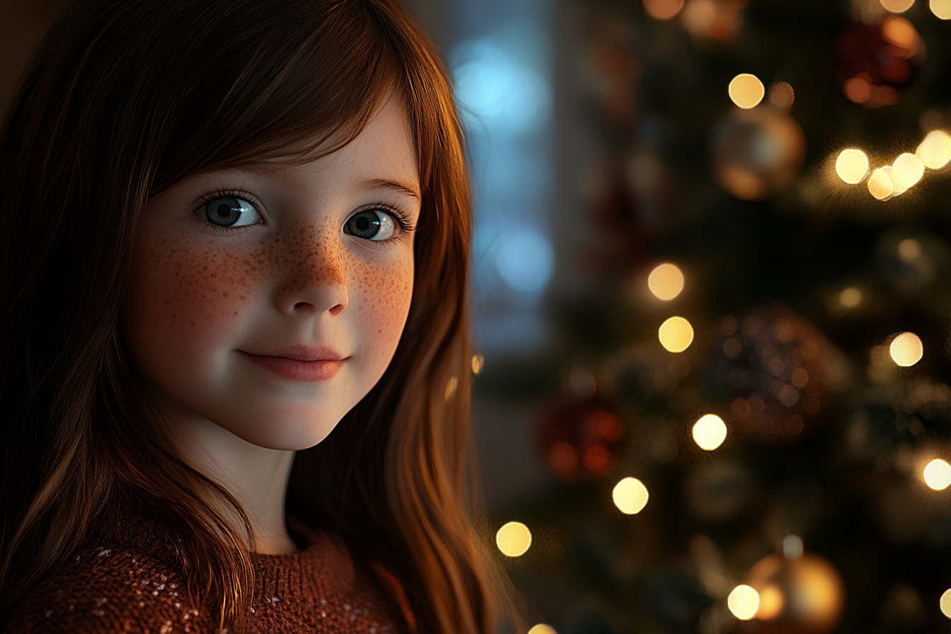 Une jeune fille près d'un sapin de Noël | Source : Midjourney