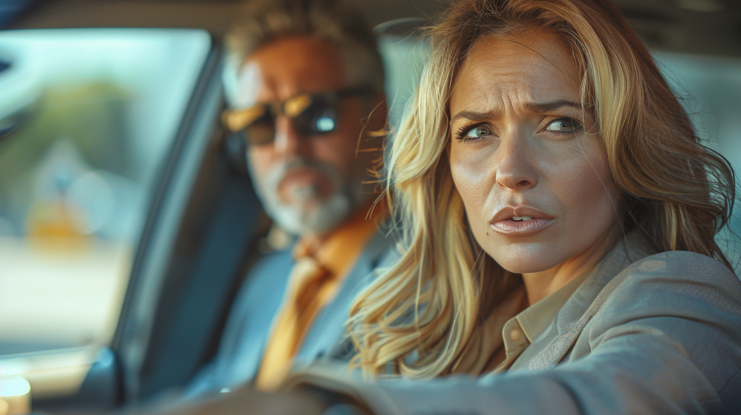 Une femme un peu en colère et frustrée partageant un taxi avec un homme | Source : Midjourney