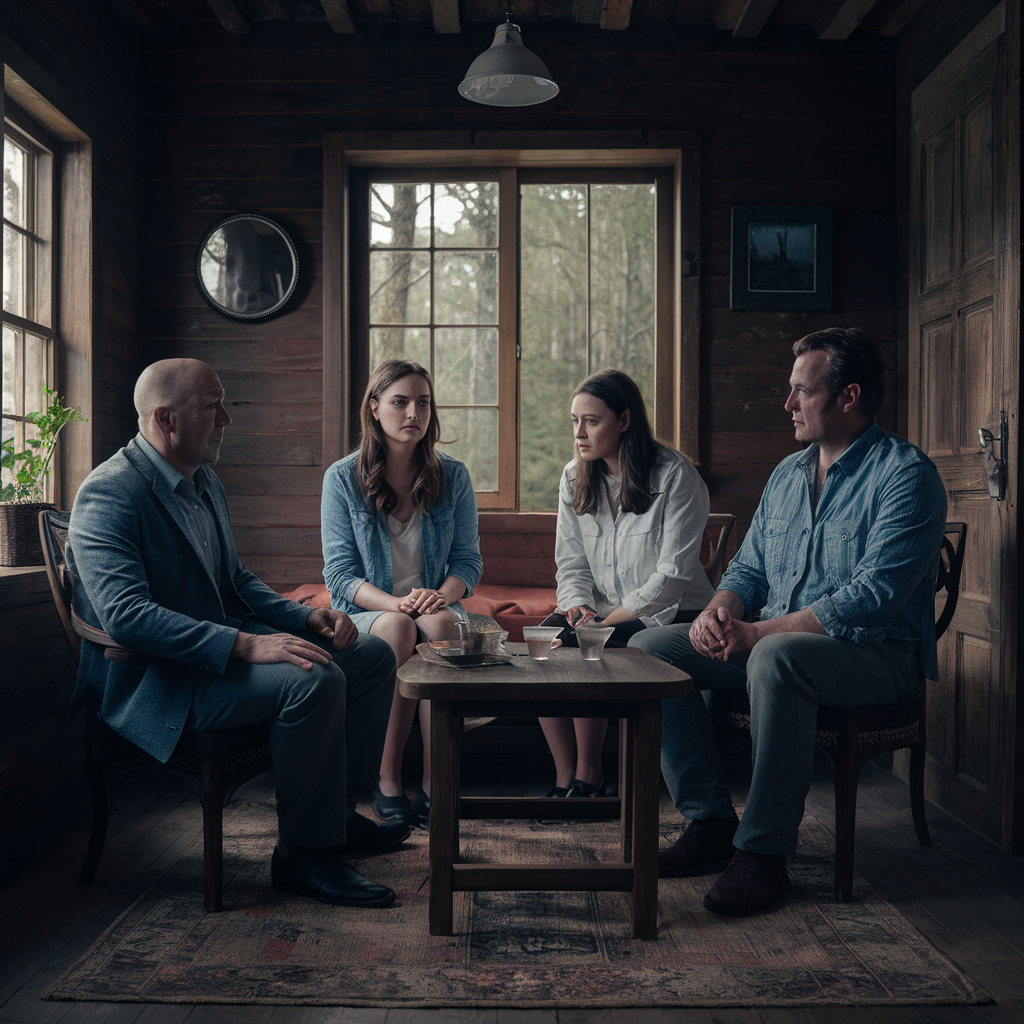 Une conversation en »table ronde« se poursuit à l’intérieur d’une cabane dans les bois | Source : Midjourney