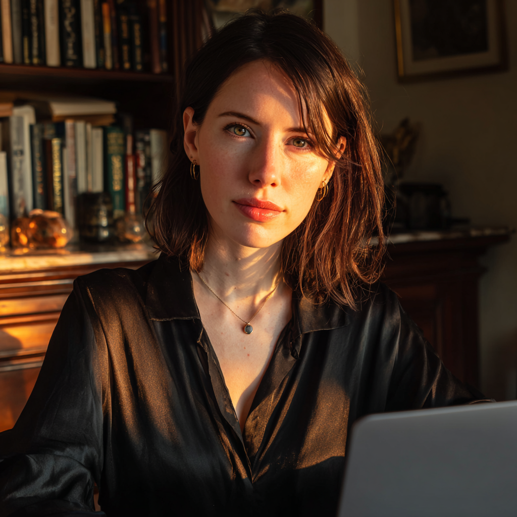 Une femme pensive assise dans un bureau à domicile | Source : Midjourney