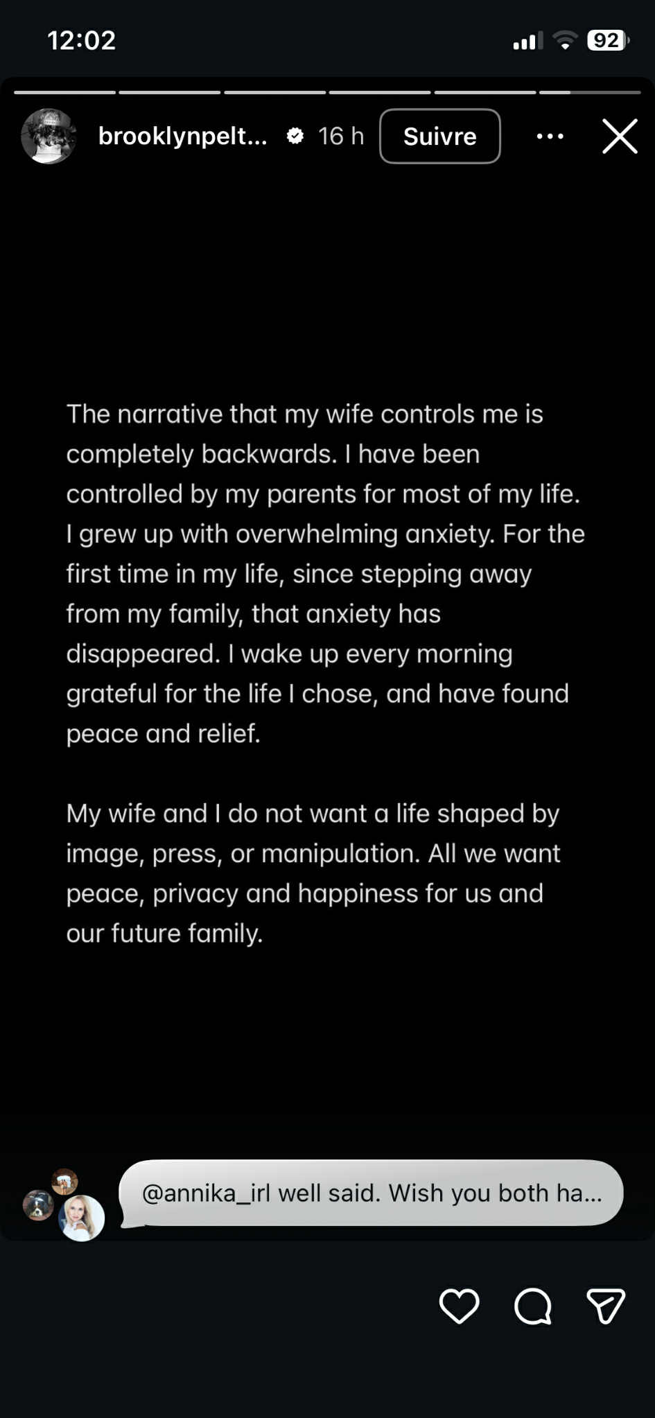 Capture d'écran de la story Instagram de Brooklyn Beckham I Source : https://www.instagram.com/brooklynpeltzbeckham/?hl=en