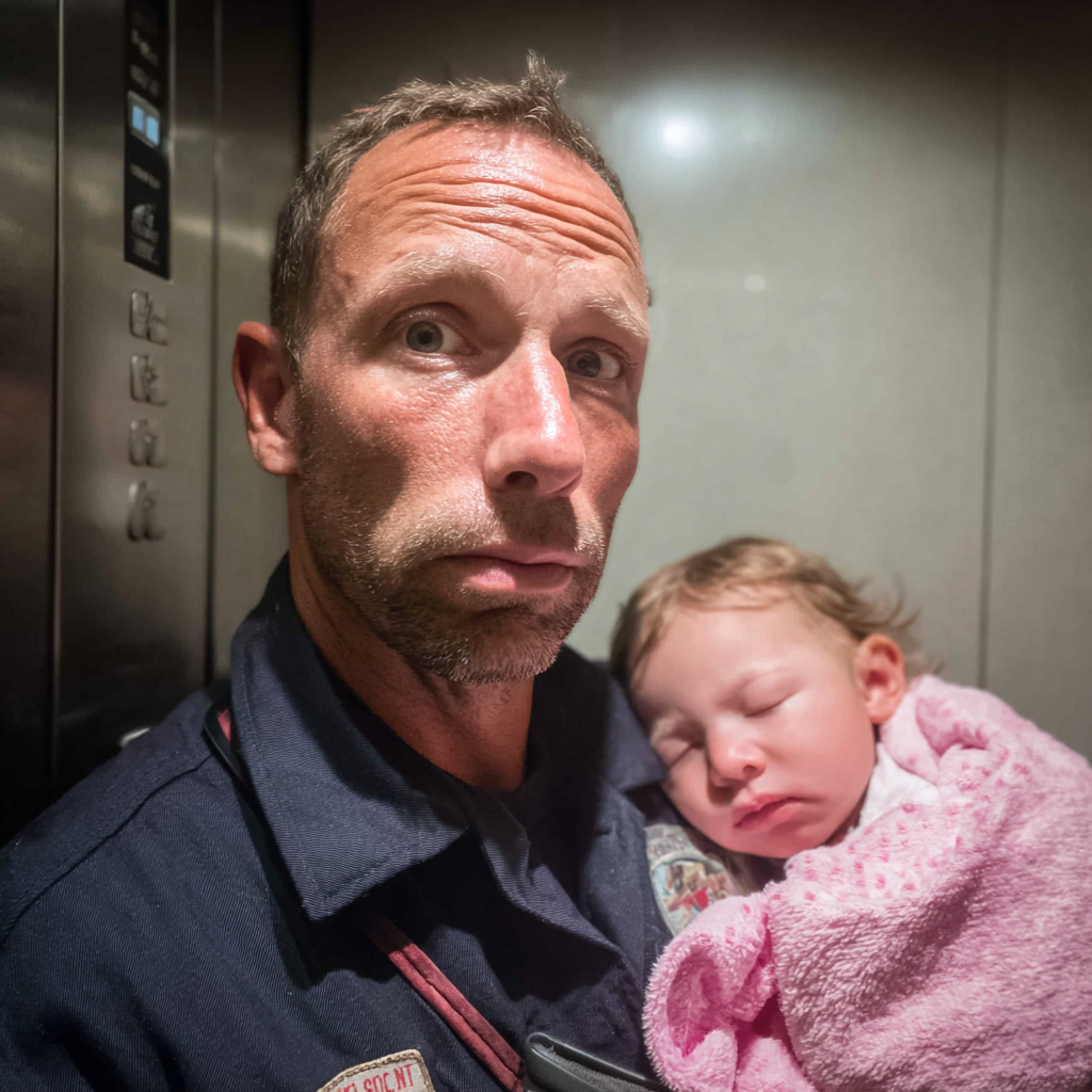 Un homme tenant un bébé endormi dans un ascenseur | Source : Midjourney