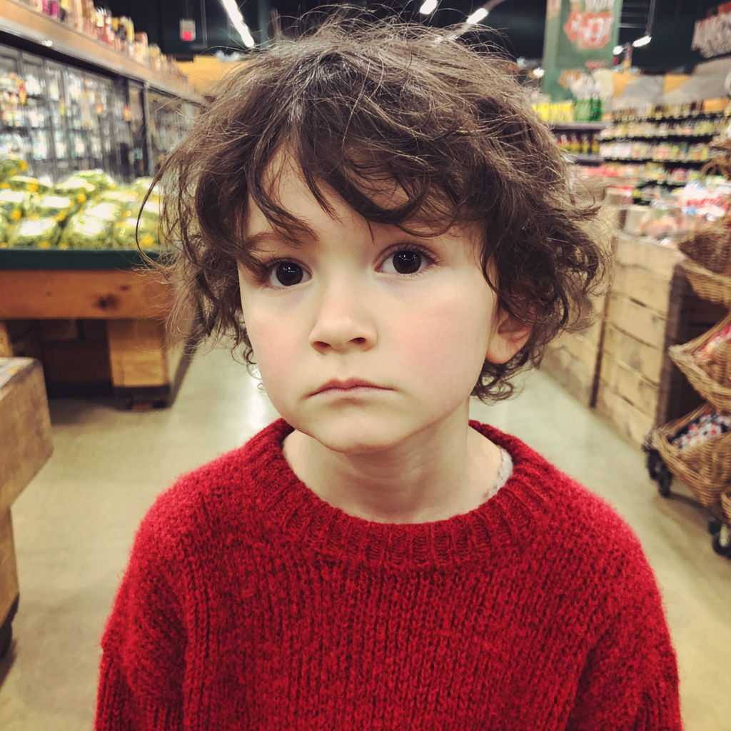 Un petit garçon debout dans une épicerie | Source : Midjourney