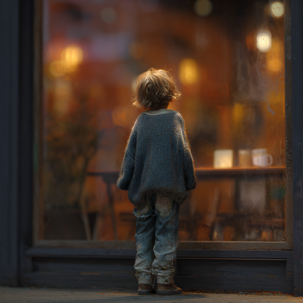 Un petit garçon debout à l'extérieur d'un café | Source : Midjourney