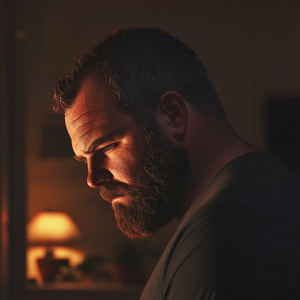 Un homme triste, les yeux baissés | Source : Midjourney