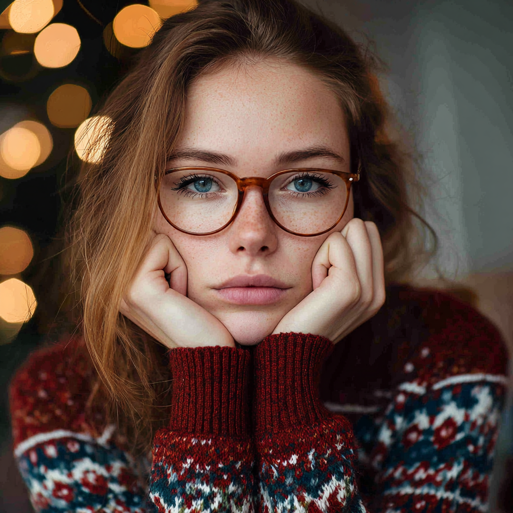 Une femme pensive portant un pull de Noël | Source : Midjourney