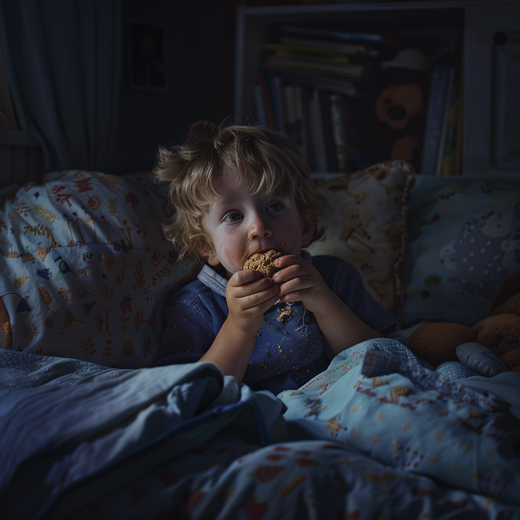 Gage mange des biscuits avec des miettes partout sur lui | Source : Midjourney