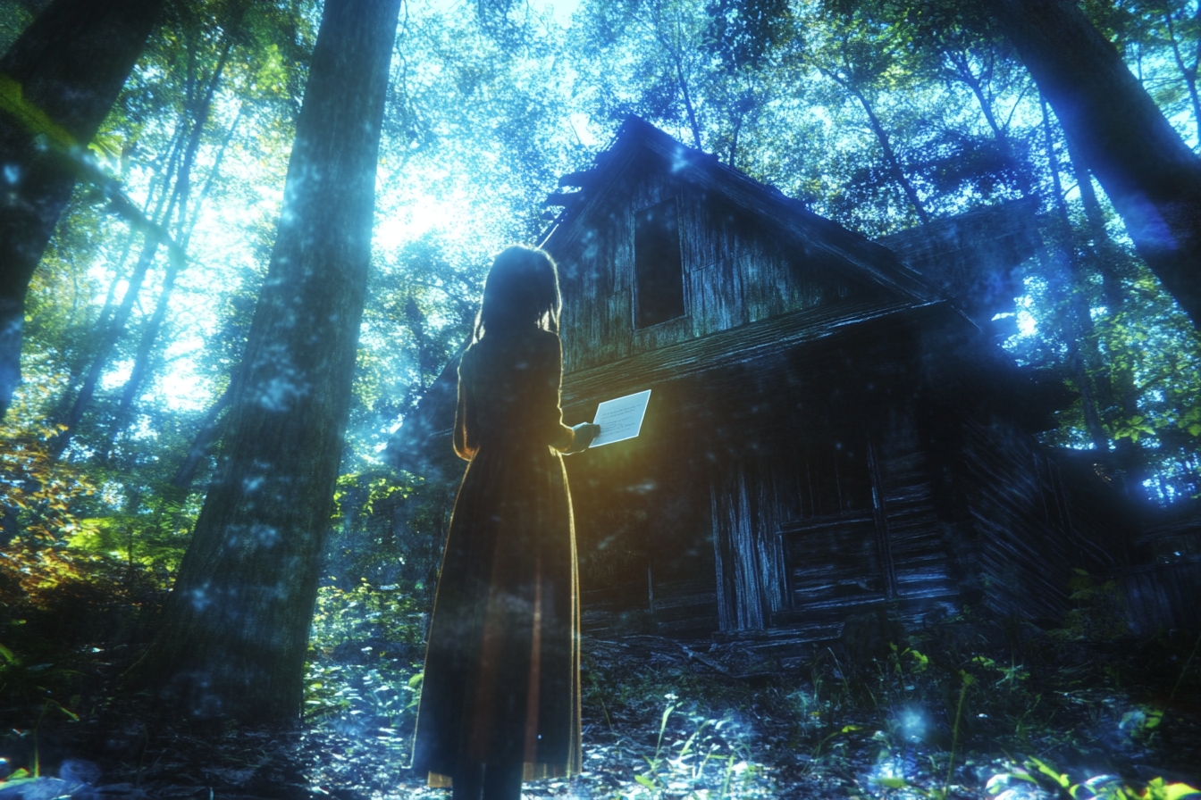 Une femme debout devant une vieille cabane | Source : Midjourney