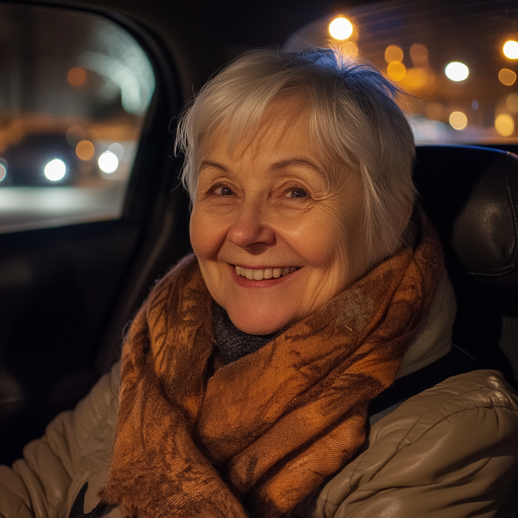 Une femme souriante sur la banquette arrière d'une voiture | Source : Midjourney
