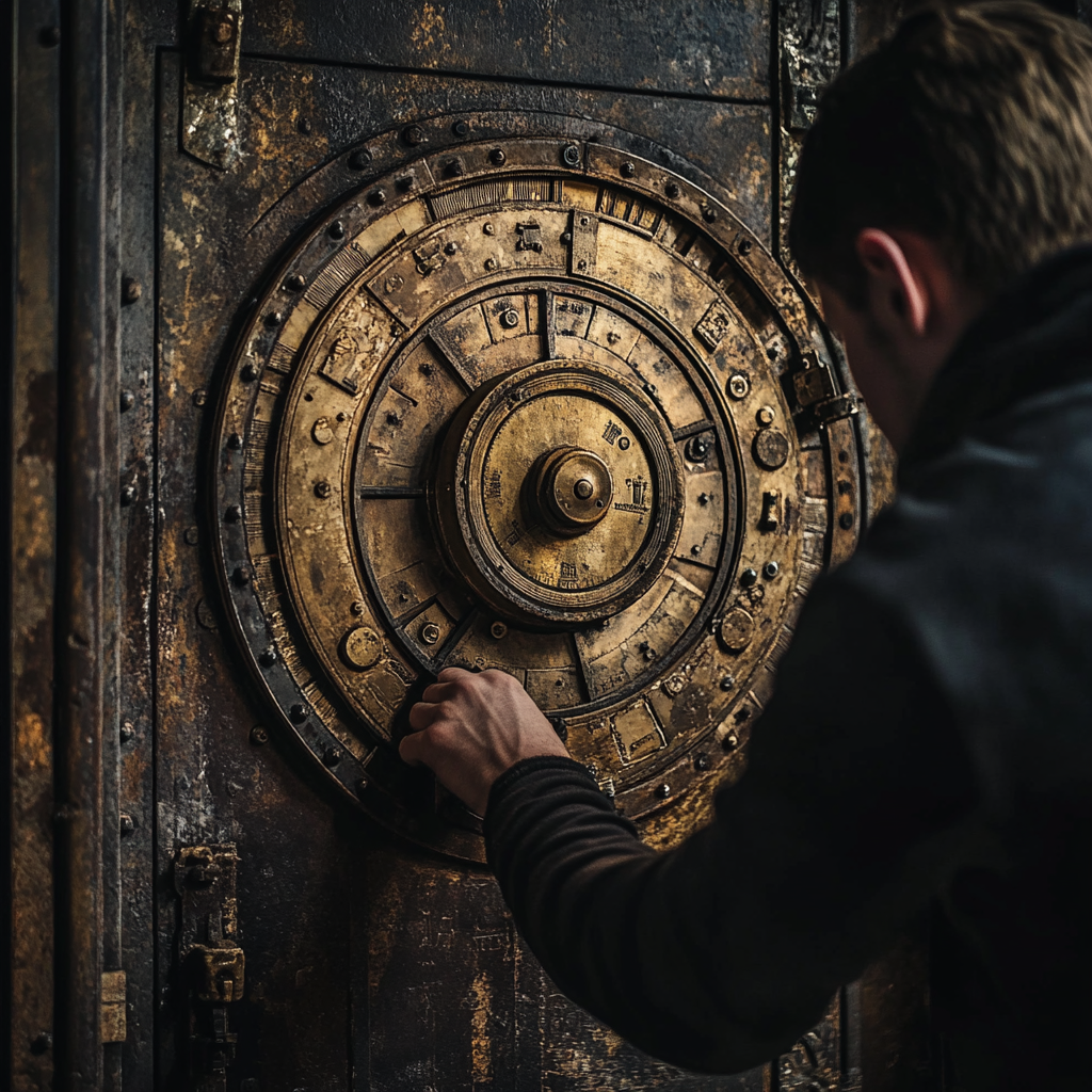 Jeune homme ouvrant un coffre-fort ancien | Source : Midjourney