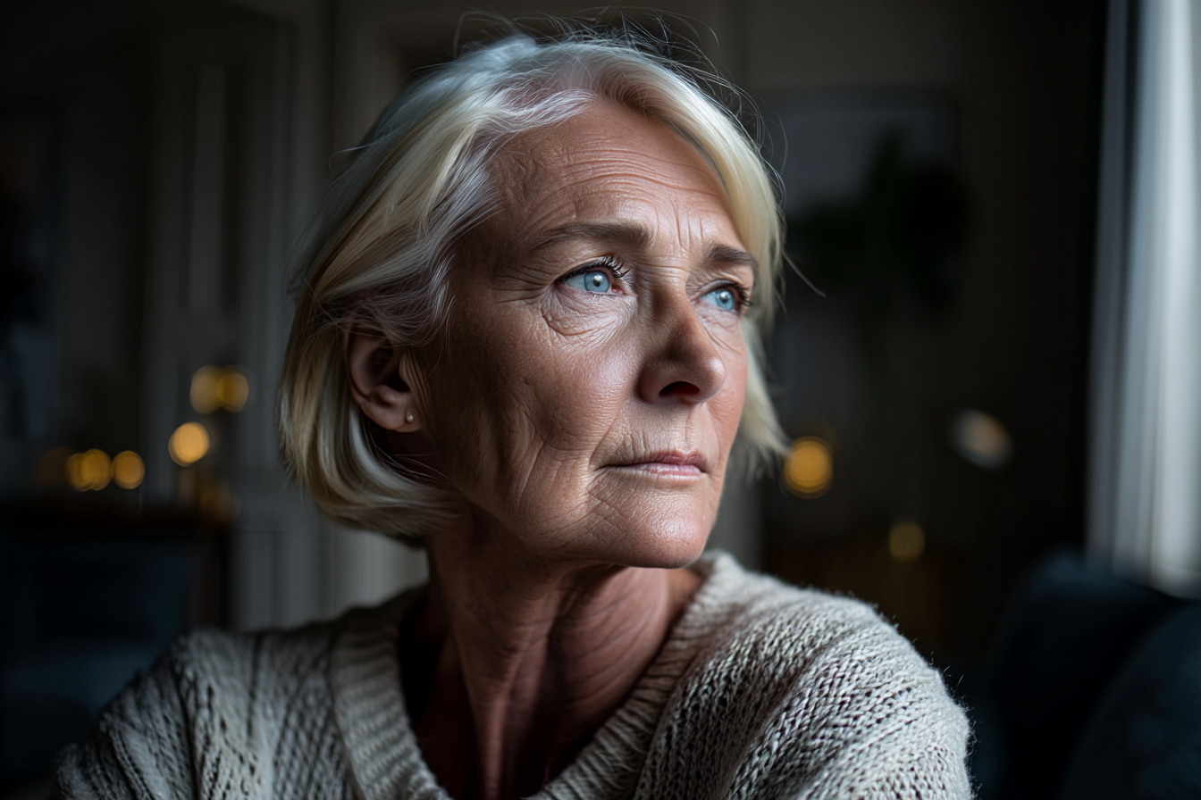 Une femme âgée assise sur un canapé | Source : Midjourney