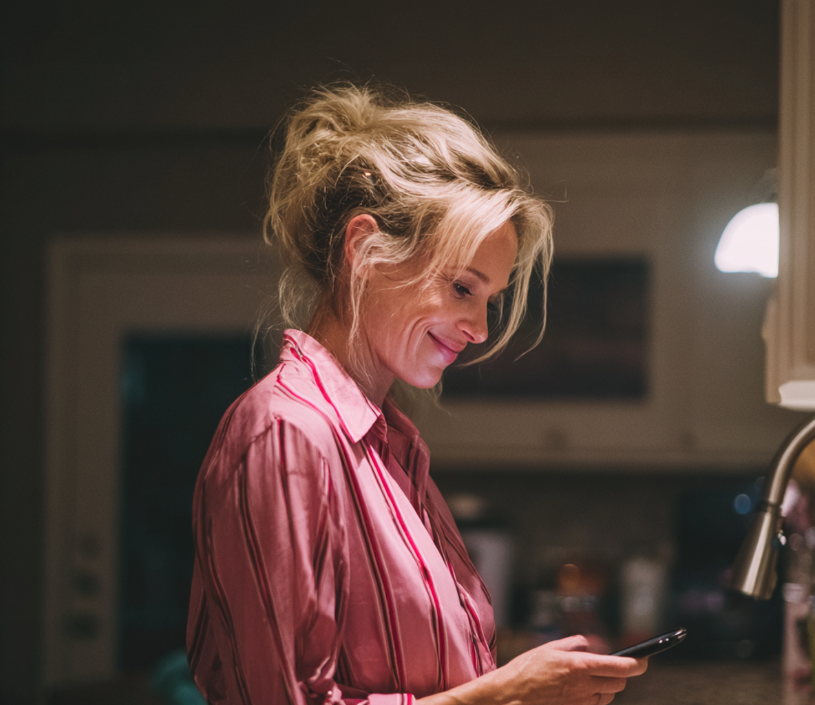 Une femme utilisant son téléphone dans une cuisine | Source : Midjourney