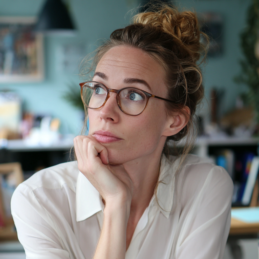 Une femme pensive assise à son bureau | Source : Midjourney