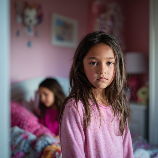Une fille triste fixe l'appareil photo, une autre fille se trouve à l'arrière-plan | Source : Midjourney