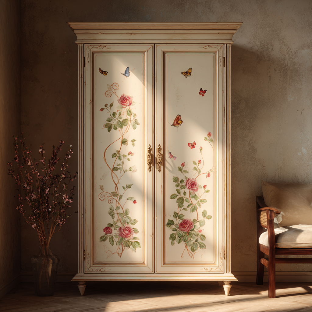 Une armoire de couleur crème à côté d'un vase et d'un canapé | Source : Midjourney