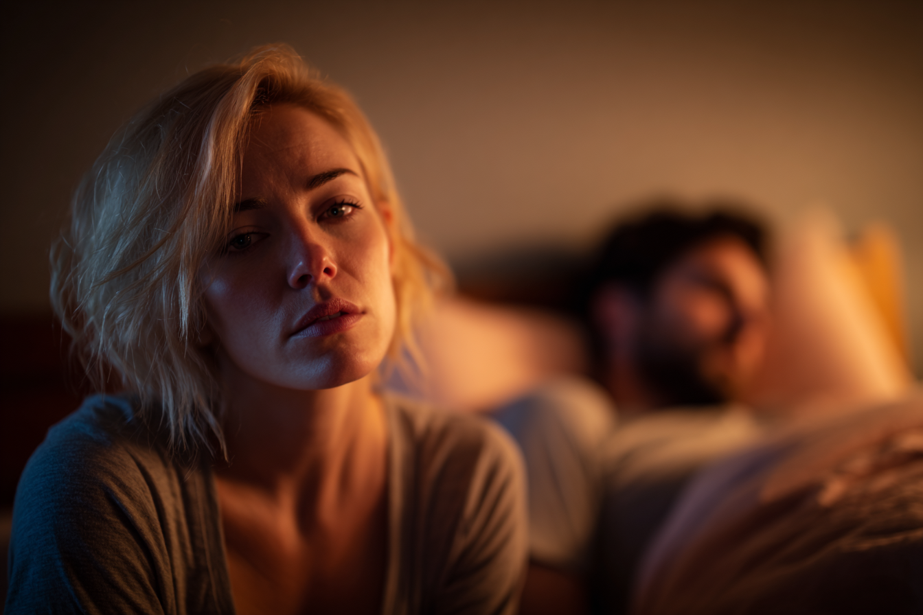 Une femme fatiguée assise sur un lit pendant que son mari dort | Source : Midjourney