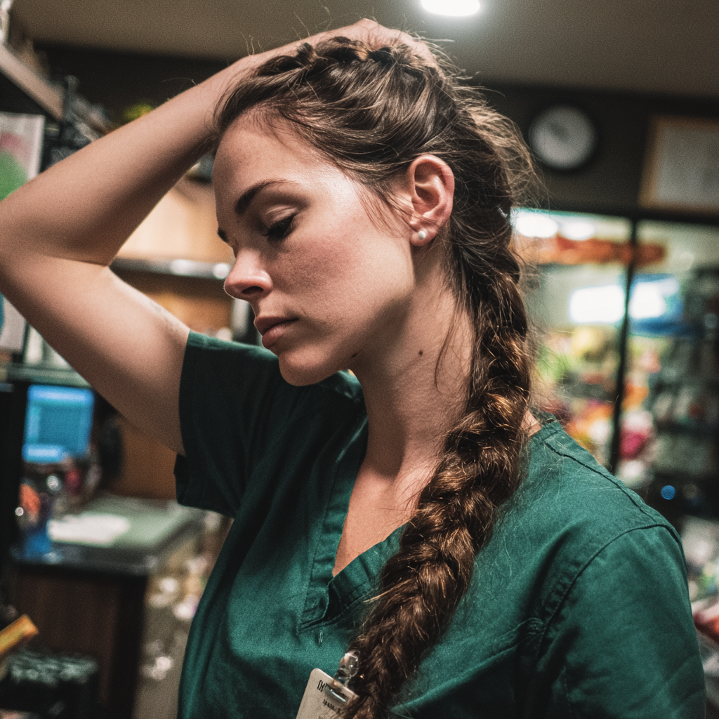 Une femme émotive avec sa main sur la tête | Source : Midjourney