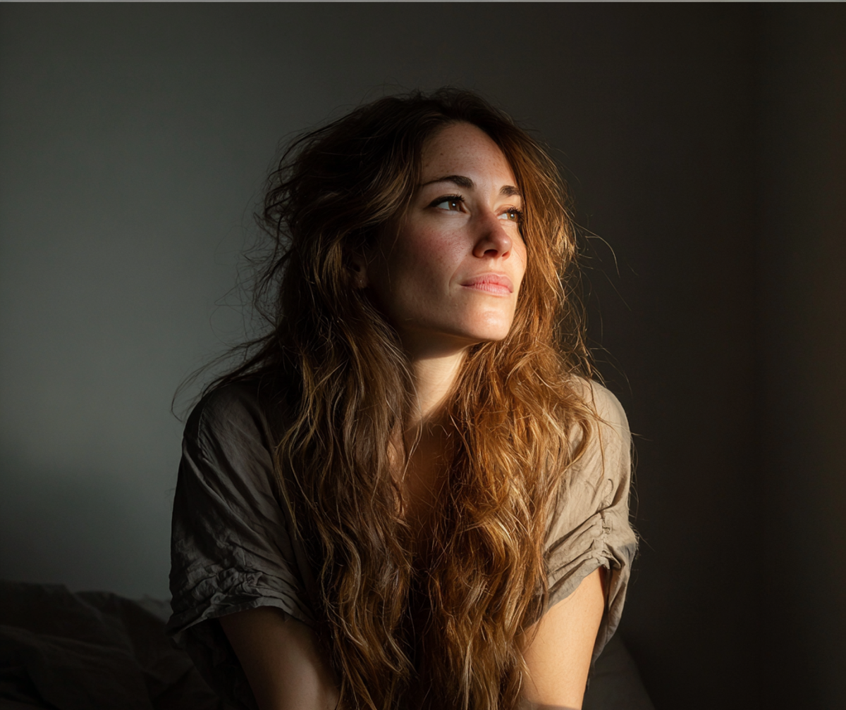 Une femme assise sur un lit | Source : Midjourney