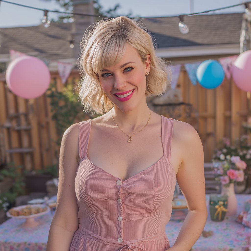 Une femme souriante portant une robe rose | Source : Midjourney