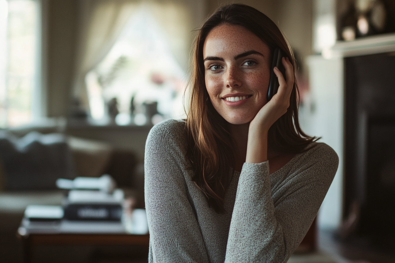 Une femme souriante qui parle sur son téléphone portable | Source : Midjourney