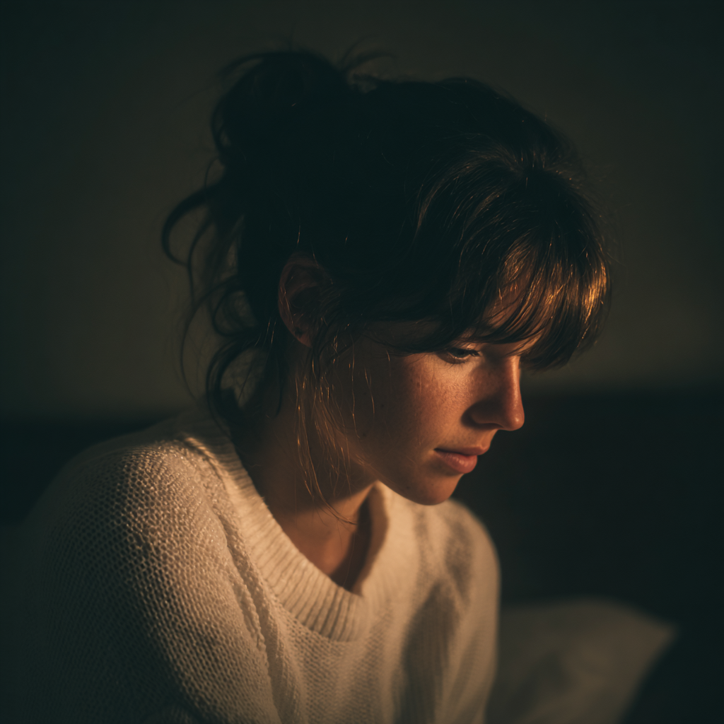 Une femme émotive assise sur un lit | Source : Midjourney