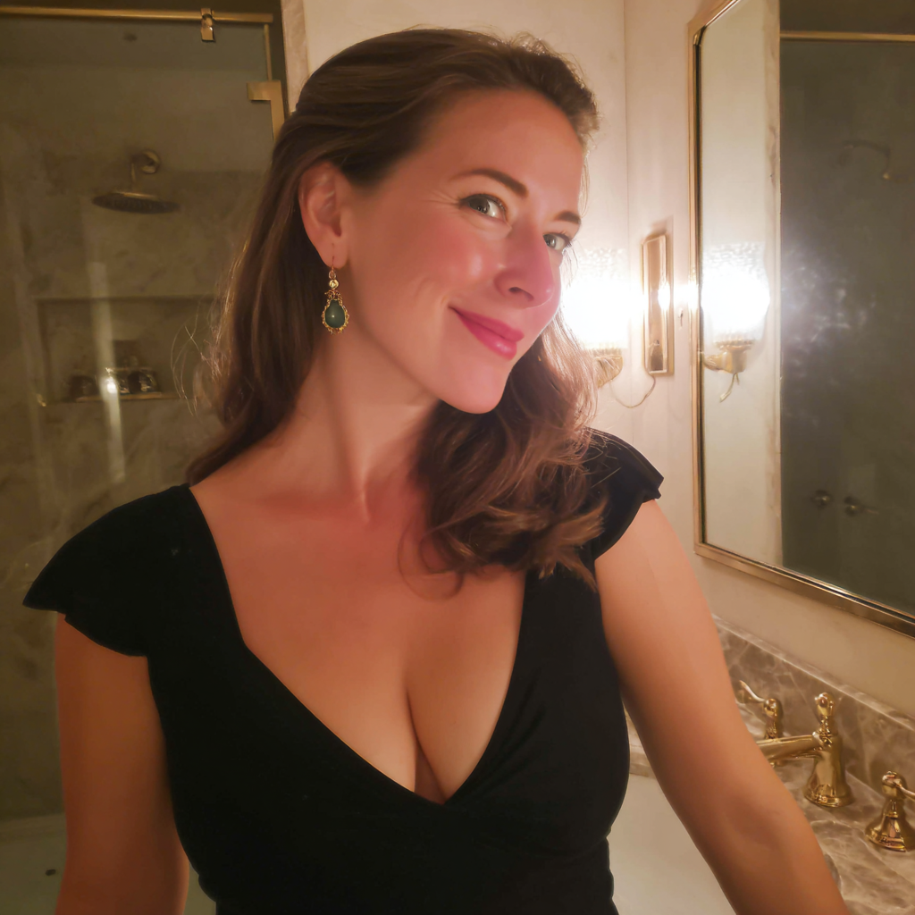 Une femme souriante debout dans une salle de bain | Source : Midjourney