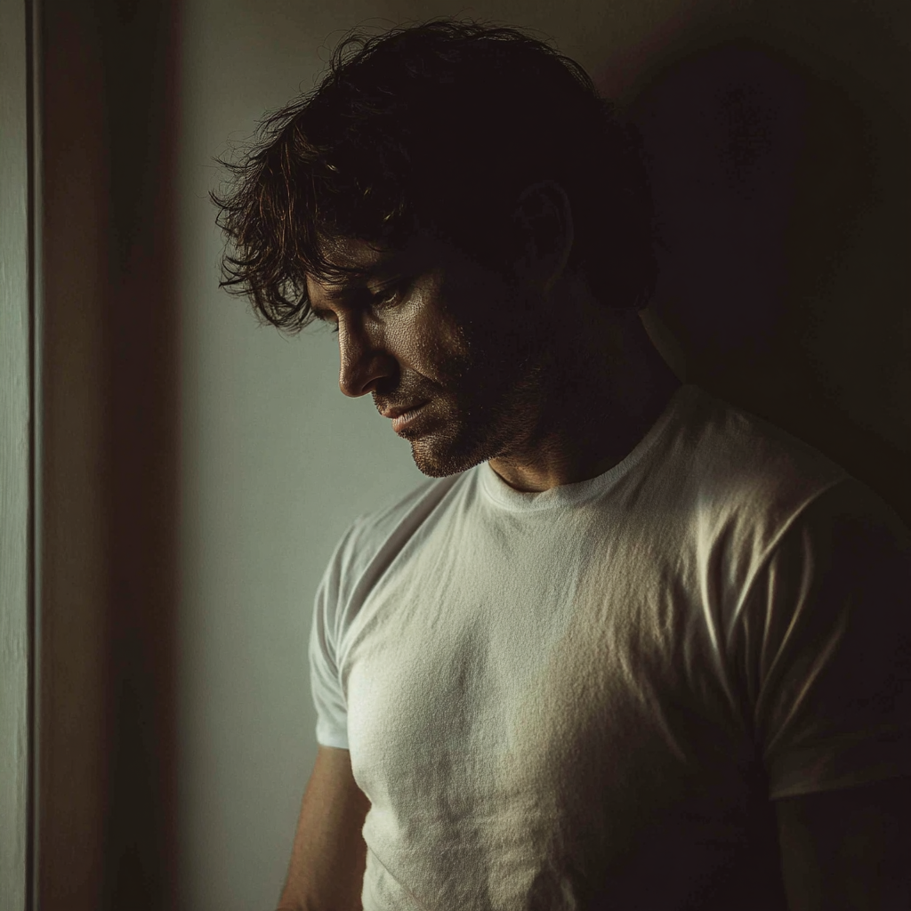 Un homme contrarié debout dans un couloir, portant un t-shirt blanc | Source : Midjourney