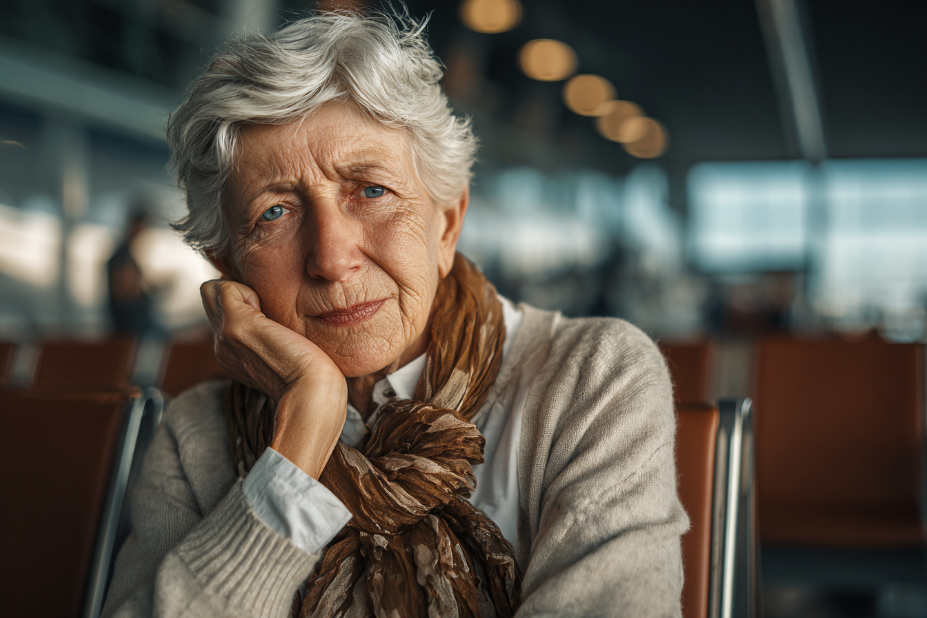 Une femme âgée assise dans un aéroport | Source : Midjourney