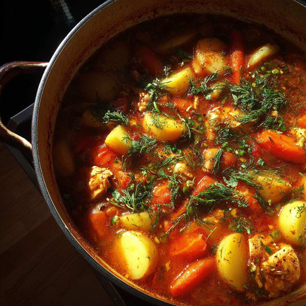 Une marmite de ragoût de poulet et de légumes | Source : Midjourney
