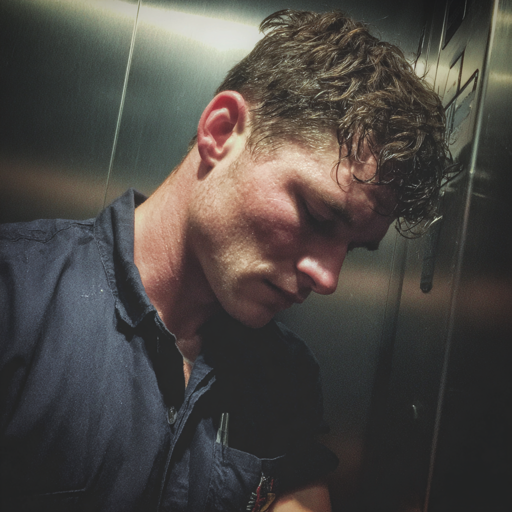 Un homme fatigué debout dans un ascenseur | Source : Midjourney