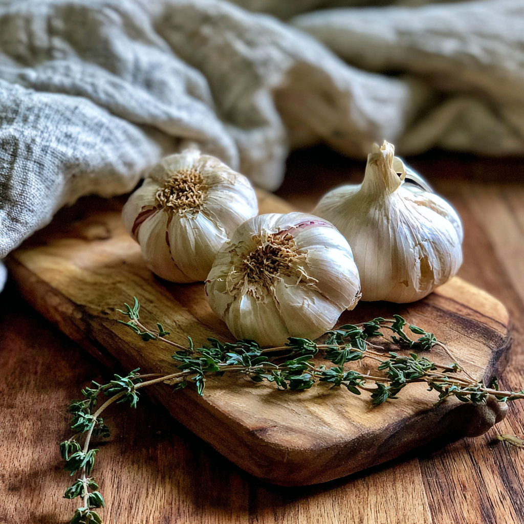 Ail et thym sur une planche en bois | Source : Midjourney
