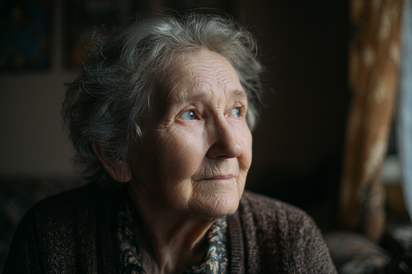 Une femme âgée assise près d'une fenêtre | Source : Midjourney