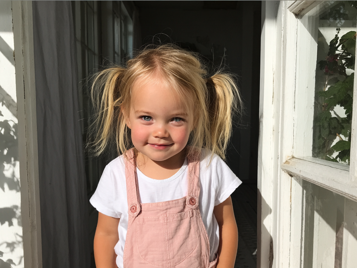 Une petite fille souriante se tenant sous un porche en salopette | Source : Midjourney