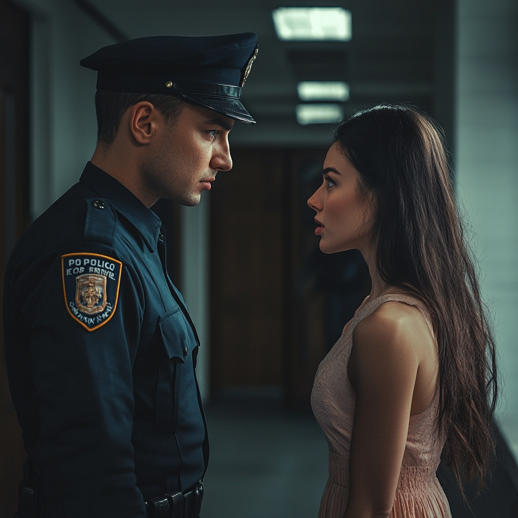 Un agent de police écoutant une femme sérieuse | Source : Midjourney