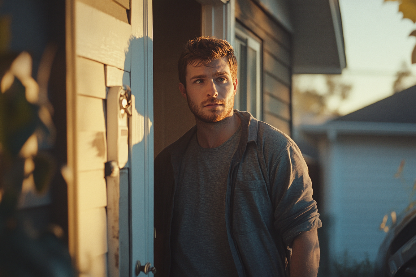 Un homme debout devant sa maison | Source : Midjourney