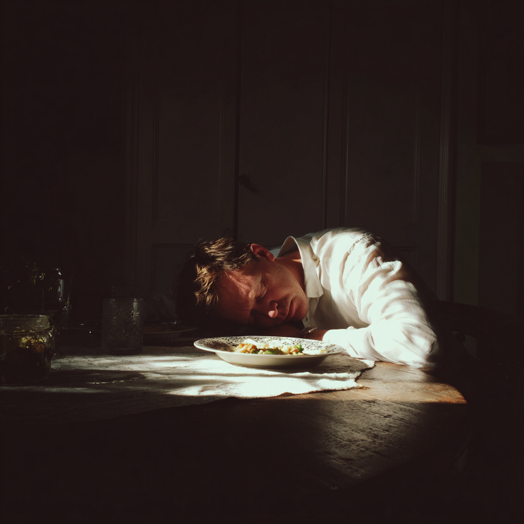 Un homme affalé sur une table à manger | Source : Midjourney
