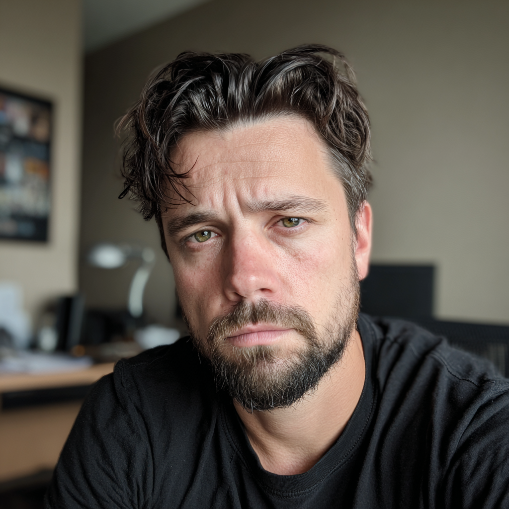 Un homme qui fronce les sourcils, assis dans un bureau | Source : Midjourney