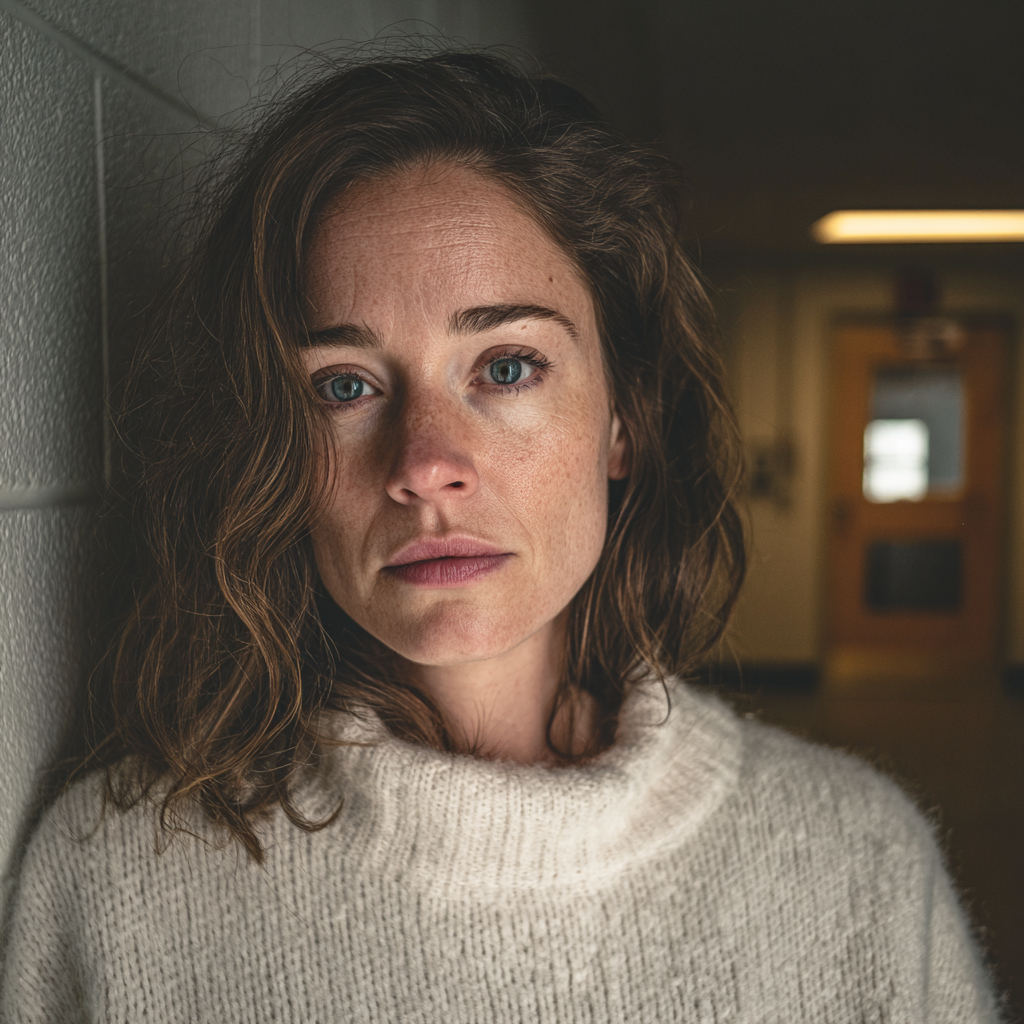 Une femme émotive debout dans un poste de police | Source : Midjourney