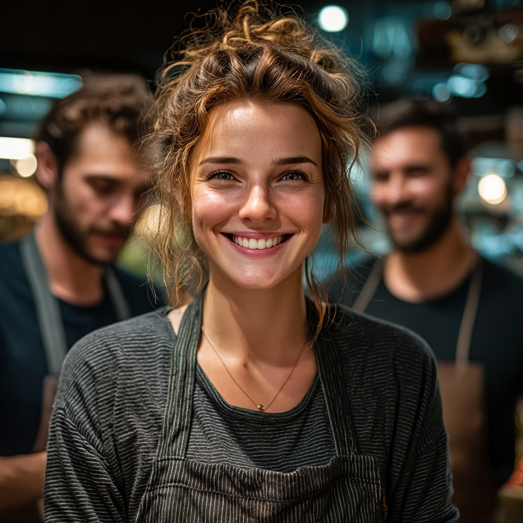 Une caissière heureuse avec ses collègues de travail | Source : Midjourney