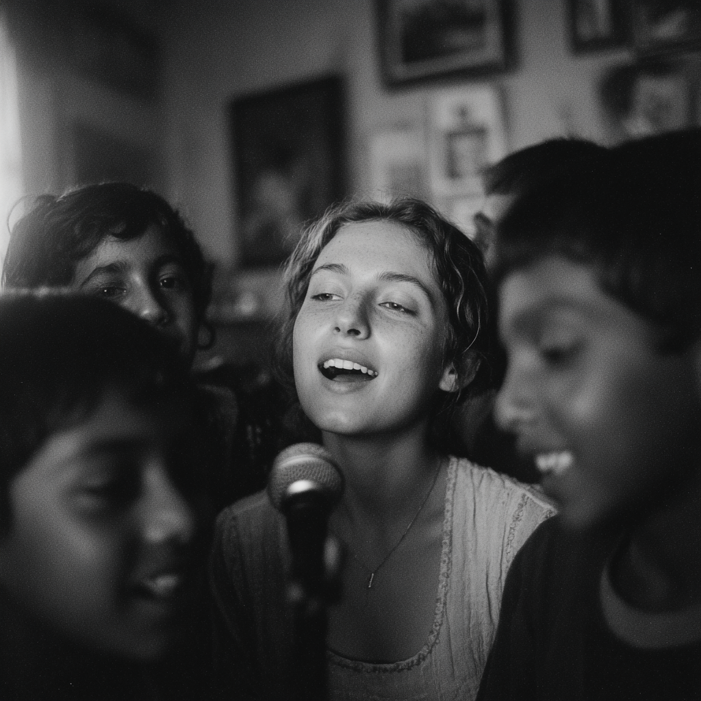 Une femme qui chante au karaoké avec des enfants | Source : Midjourney