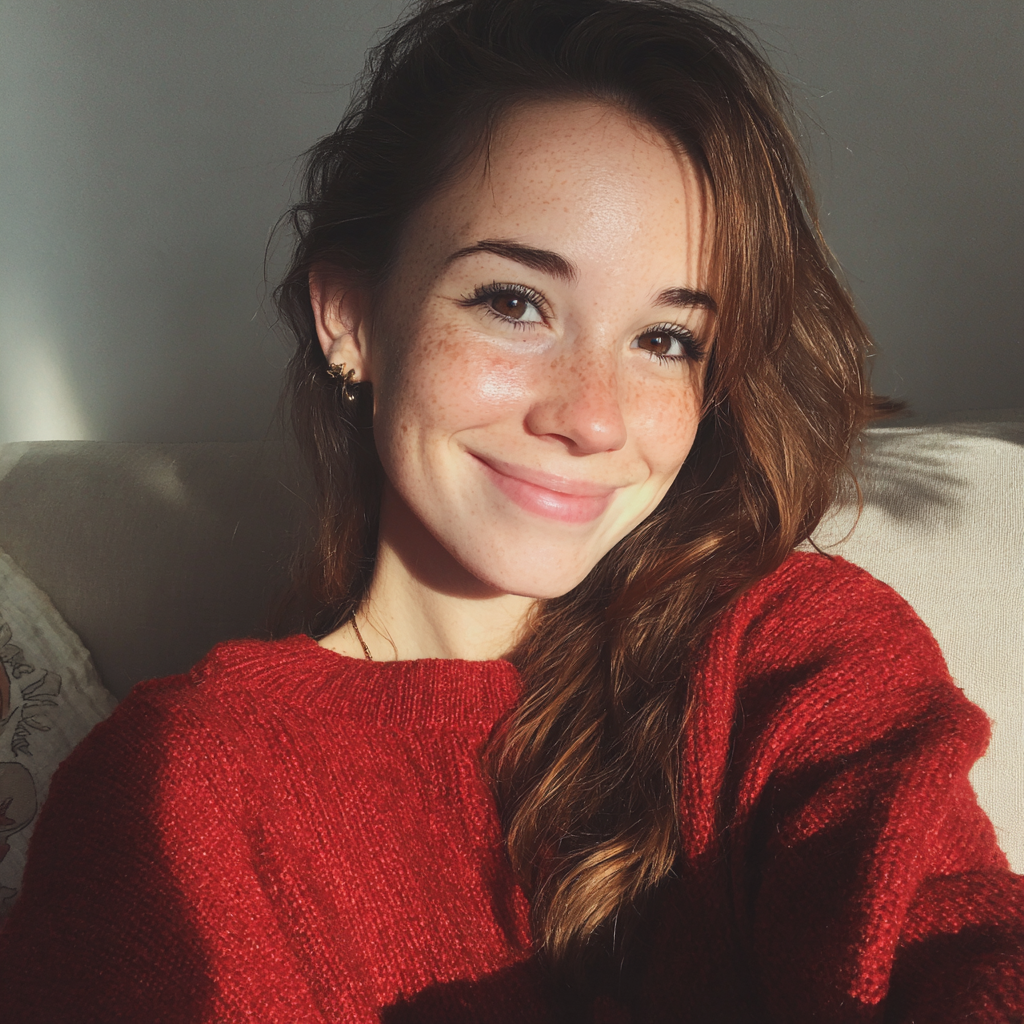 Une femme souriante assise sur un canapé | Source : Midjourney
