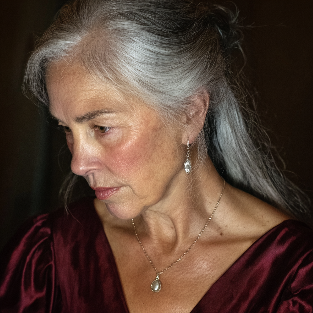 Une femme âgée pensive dans une robe marron | Source : Midjourney