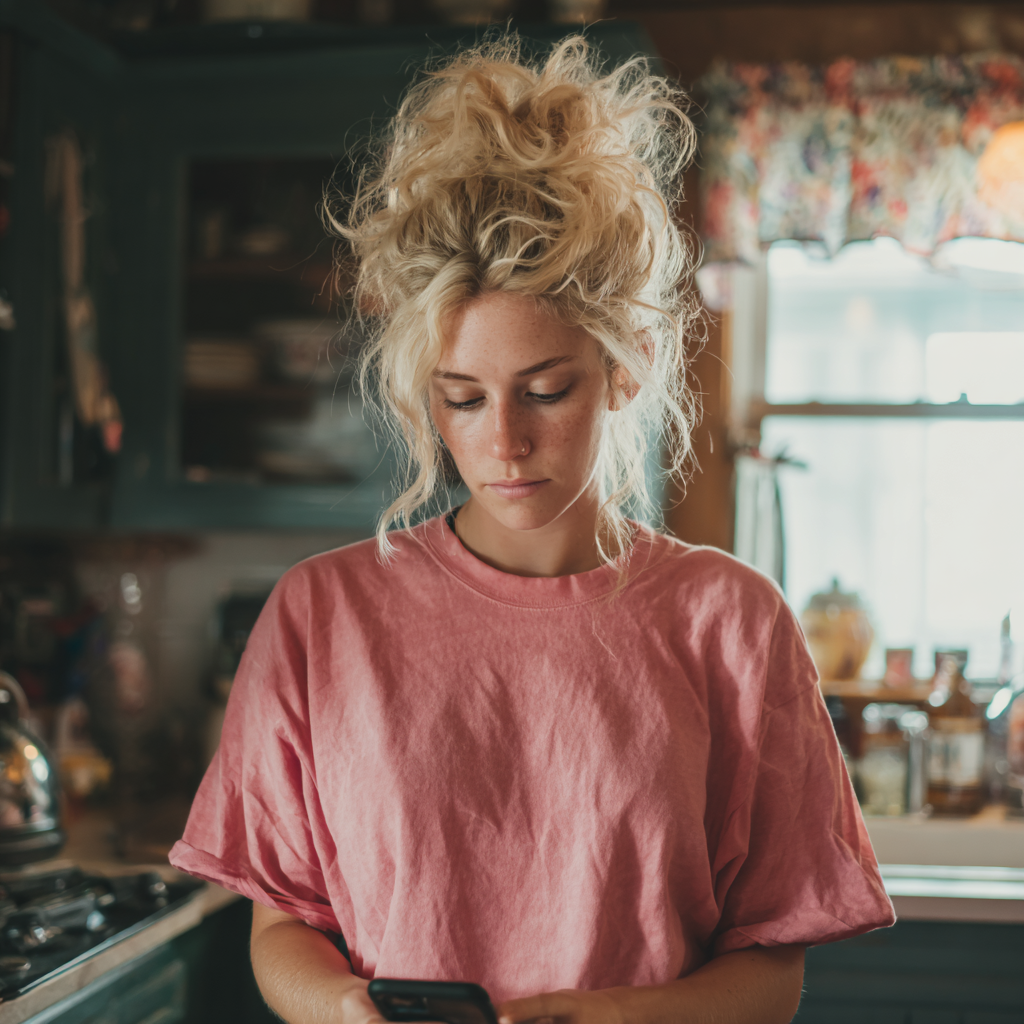 Une femme debout dans une cuisine et utilisant son téléphone | Source : Midjourney