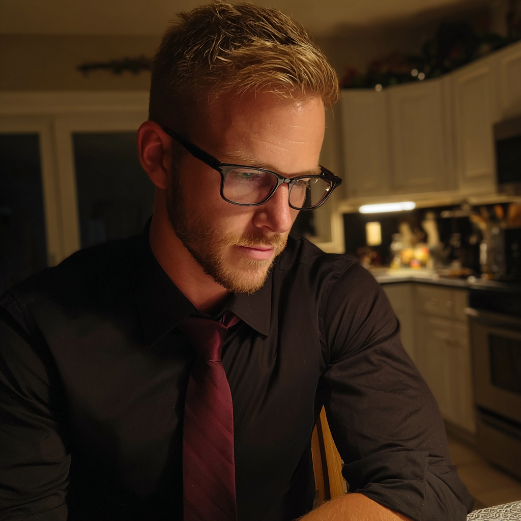 Un homme assis à une table de cuisine | Source : Midjourney