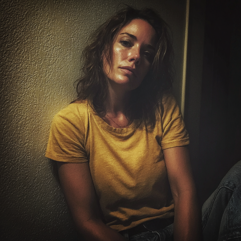 Une femme épuisée et émotive adossée à un mur | Source : Midjourney