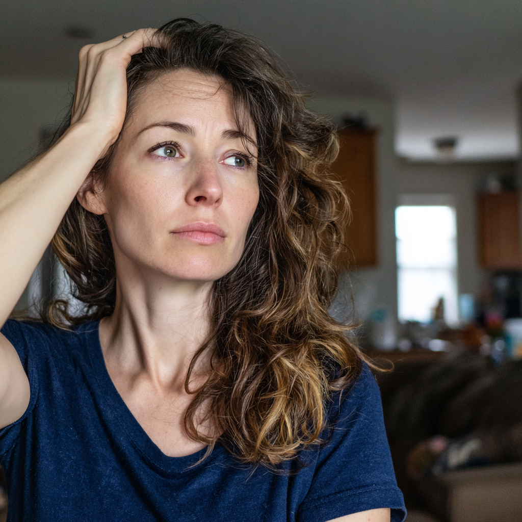 Une femme debout, la main sur la tête | Source : Midjourney
