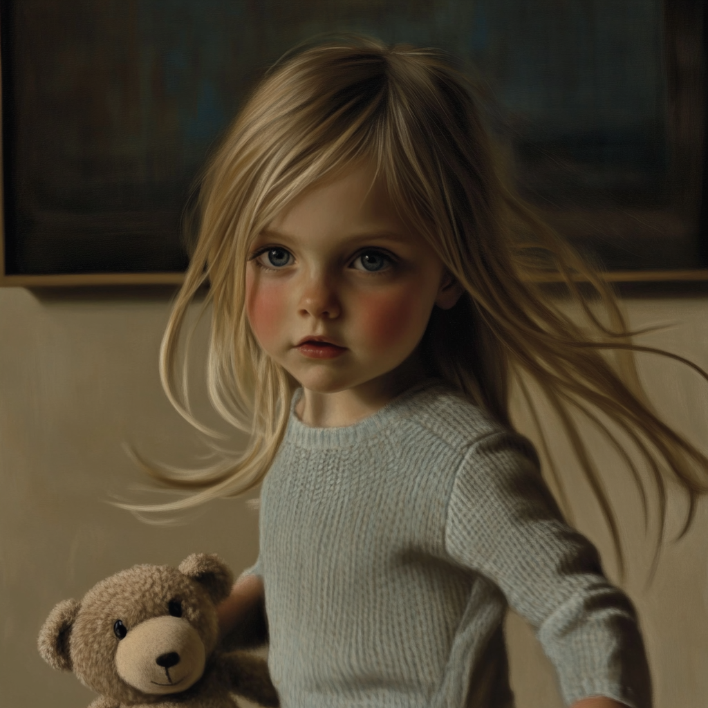 Une petite fille tenant son ours en peluche et courant | Source : Midjourney