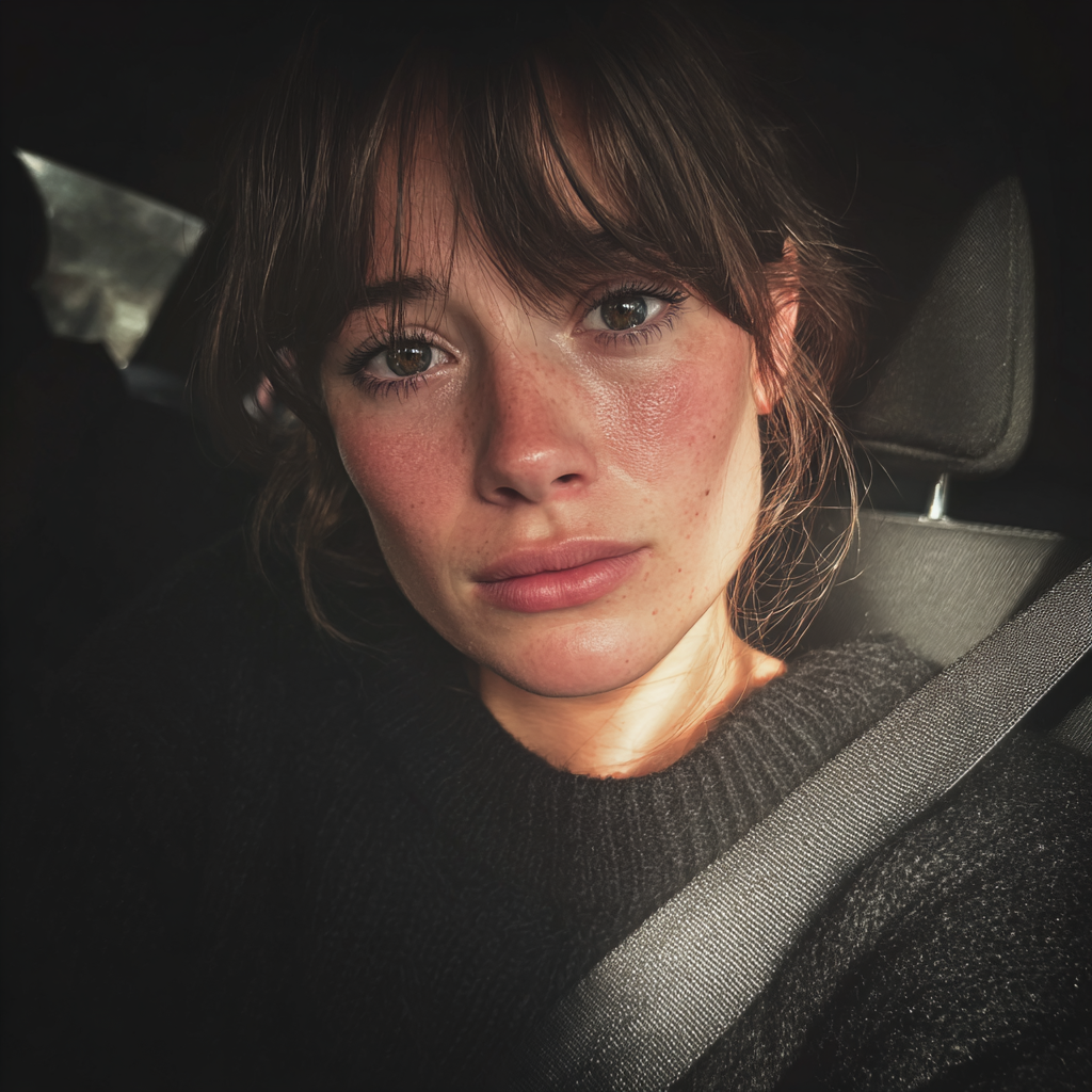 Une femme émotive assise dans une voiture | Source : Midjourney