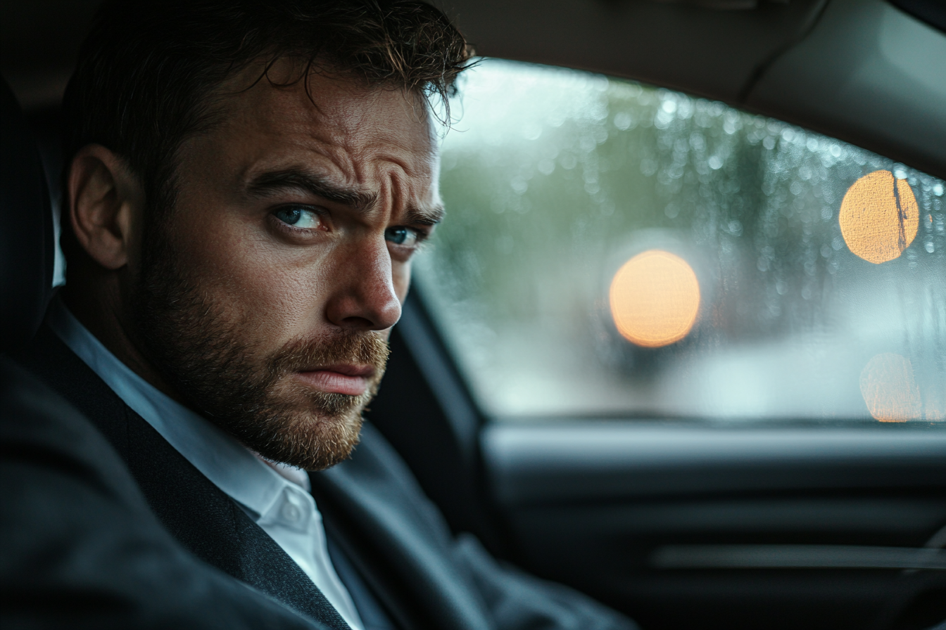 Un homme inquiet au volant de sa voiture par temps de pluie | Source : Midjourney