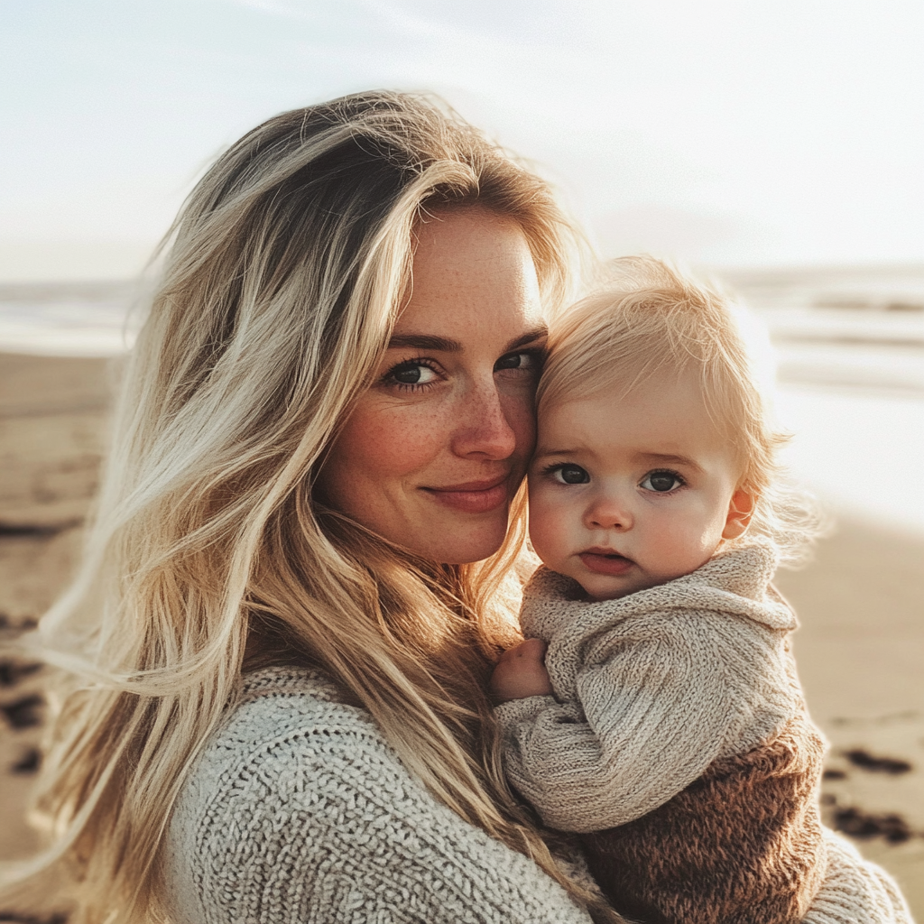 Une femme tenant un bébé à la plage | Source : Midjourney